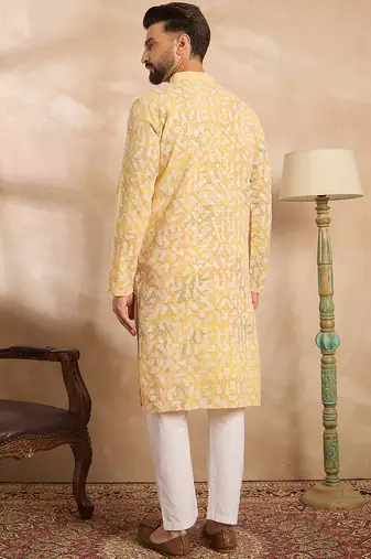 Men yellow viscose rayon solid printed straight kurta