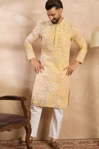 Men yellow viscose rayon solid printed straight kurta