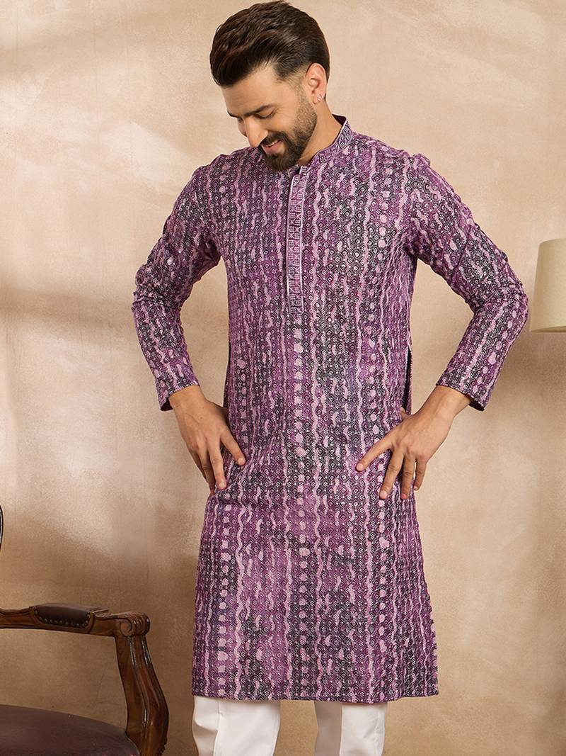 Men purple viscose rayon solid printed straight kurta