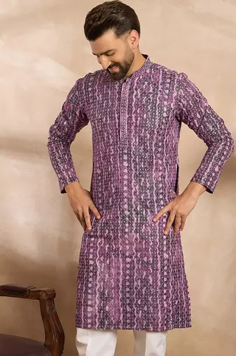 Men purple viscose rayon solid printed straight kurta