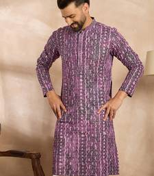 Men purple viscose rayon solid printed straight kurta