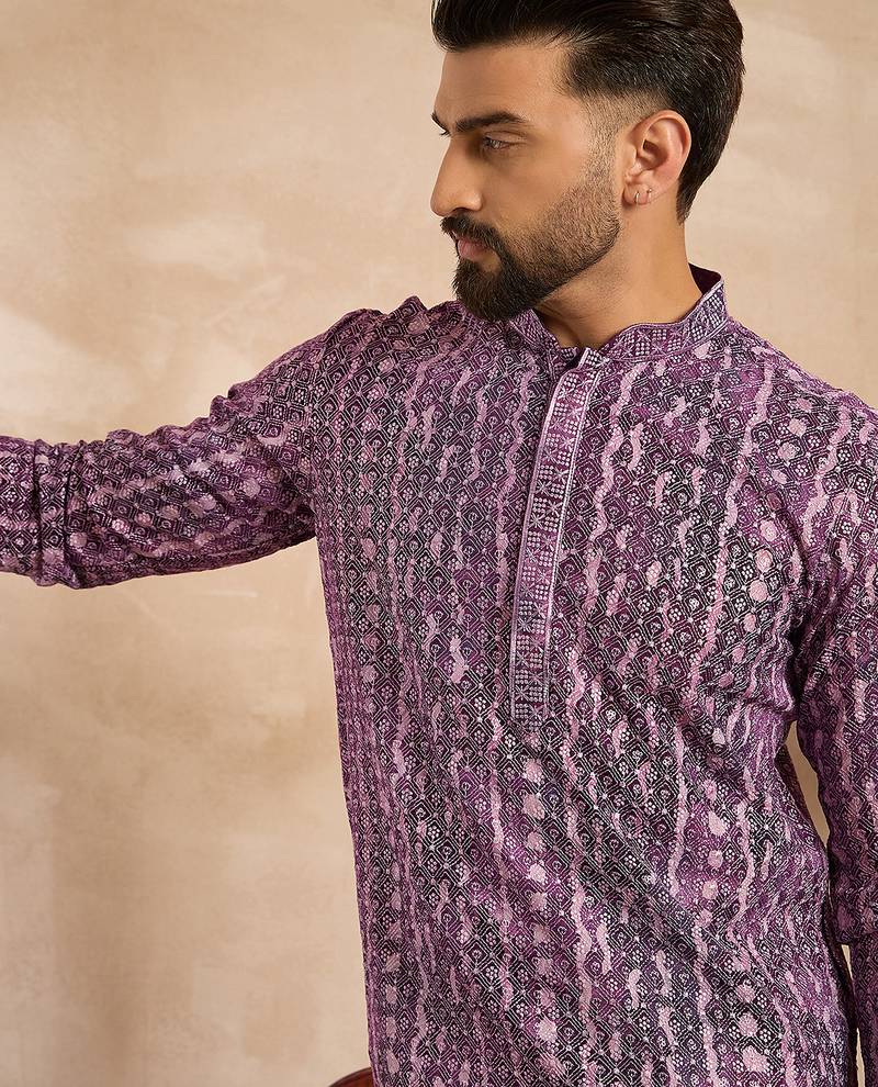 Men purple viscose rayon solid printed straight kurta