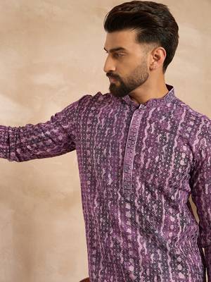 Men purple viscose rayon solid printed straight kurta 2