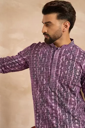 Men purple viscose rayon solid printed straight kurta