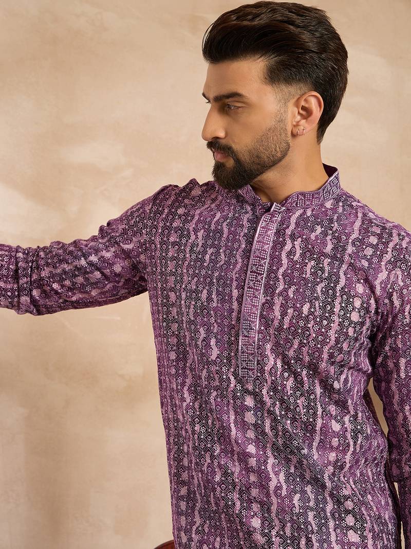 Men purple viscose rayon solid printed straight kurta