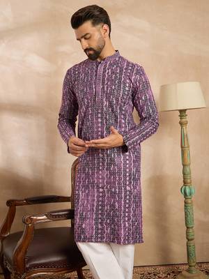 Men purple viscose rayon solid printed straight kurta 3