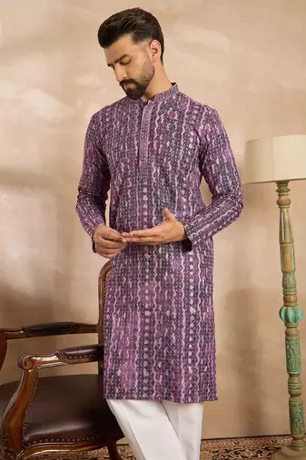 Men purple viscose rayon solid printed straight kurta