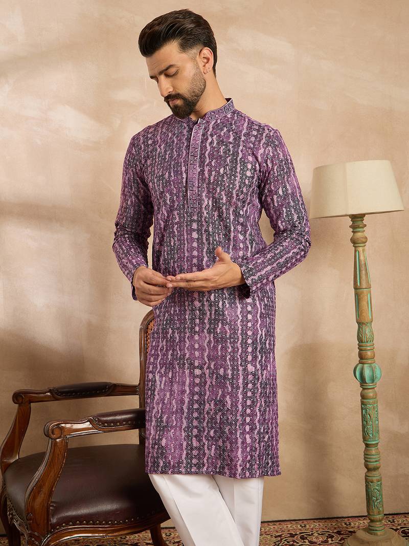 Men purple viscose rayon solid printed straight kurta