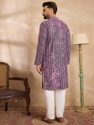 Men purple viscose rayon solid printed straight kurta 4