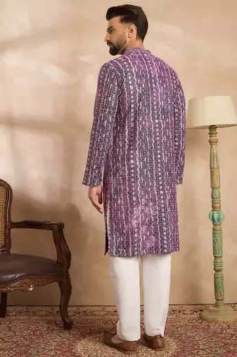 Men purple viscose rayon solid printed straight kurta