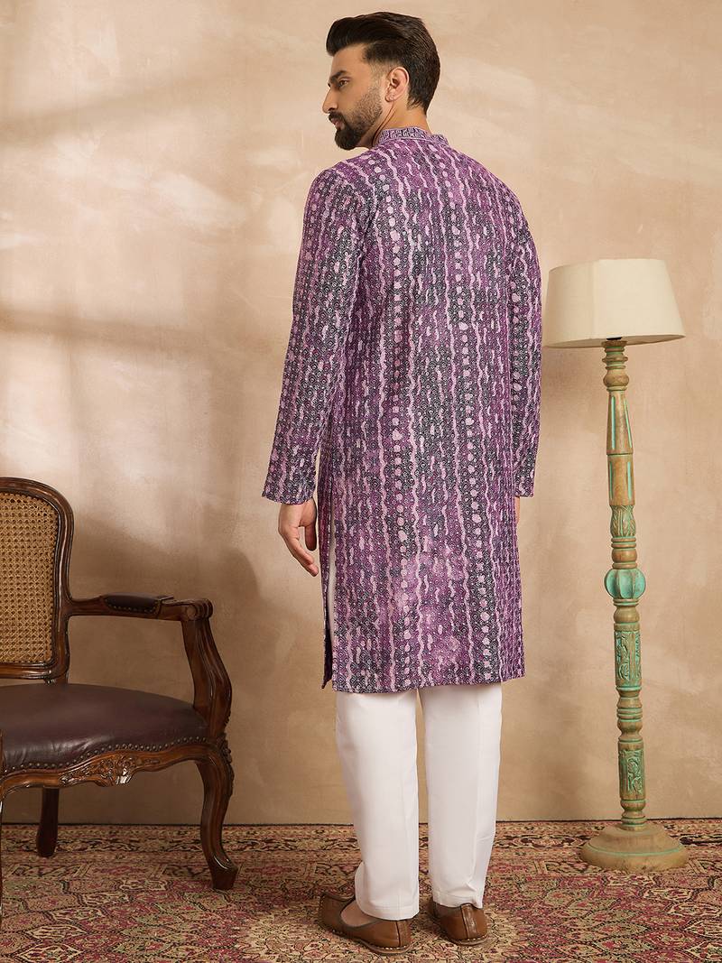 Men purple viscose rayon solid printed straight kurta