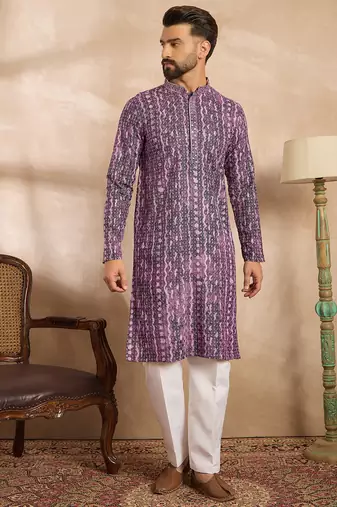 Men purple viscose rayon solid printed straight kurta