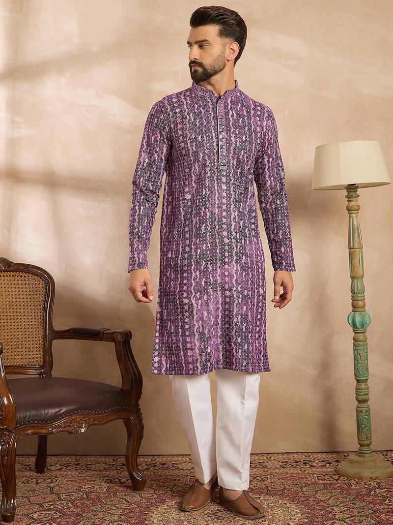 Men purple viscose rayon solid printed straight kurta