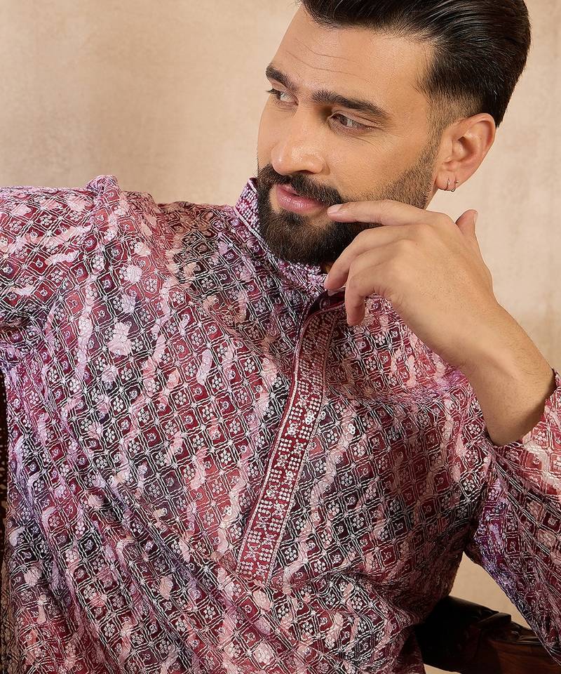 Men brown viscose rayon solid printed straight kurta