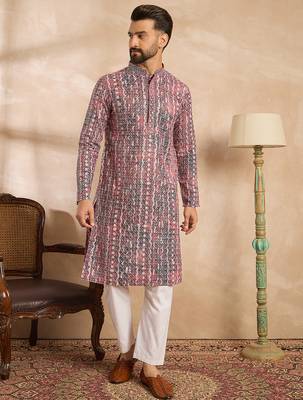 Men brown viscose rayon solid printed straight kurta 2
