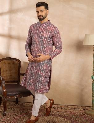 Men brown viscose rayon solid printed straight kurta 3