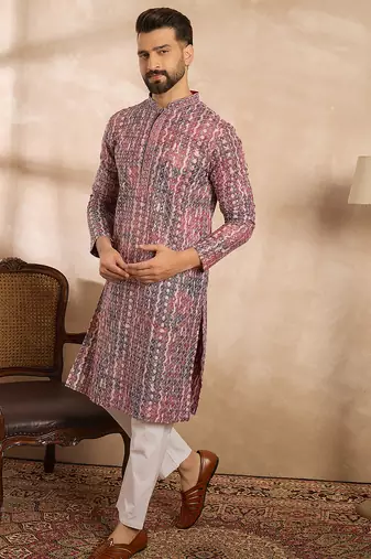 Men brown viscose rayon solid printed straight kurta