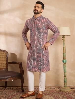 Men brown viscose rayon solid printed straight kurta 5