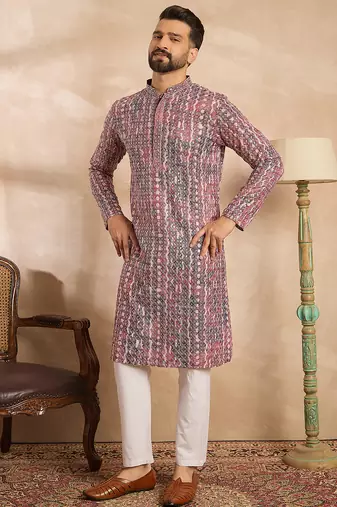Men brown viscose rayon solid printed straight kurta