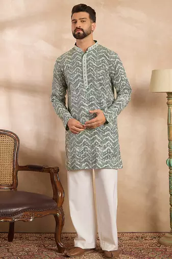 Men green silk blend solid embroidered straight kurta