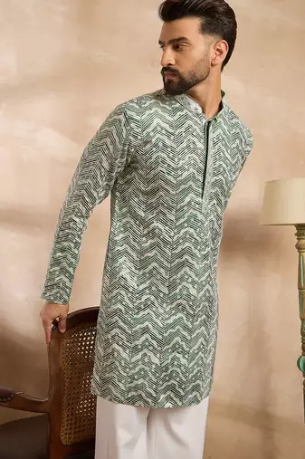 Men green silk blend solid embroidered straight kurta