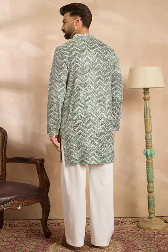 Men green silk blend solid embroidered straight kurta