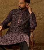 Men black viscose rayon solid embroidered straight kurta