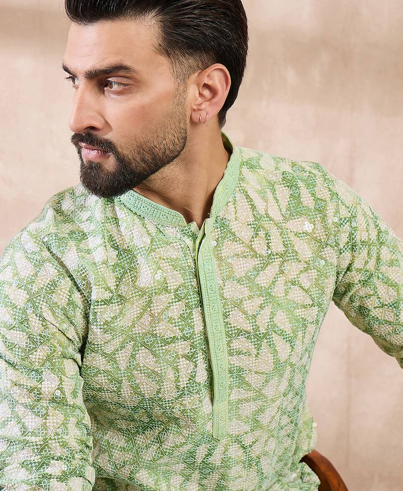 Men green viscose rayon ethnic motifs embroidered straight kurta