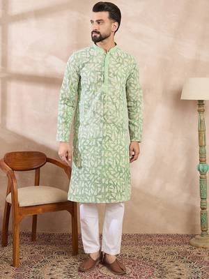 Men green viscose rayon ethnic motifs embroidered straight kurta 2