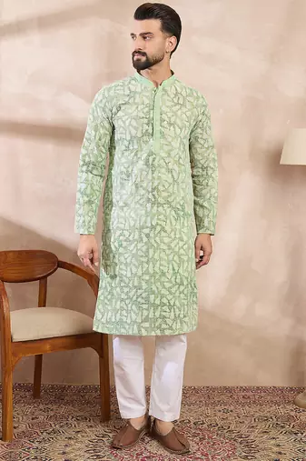 Men green viscose rayon ethnic motifs embroidered straight kurta