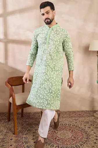 Men green viscose rayon ethnic motifs embroidered straight kurta
