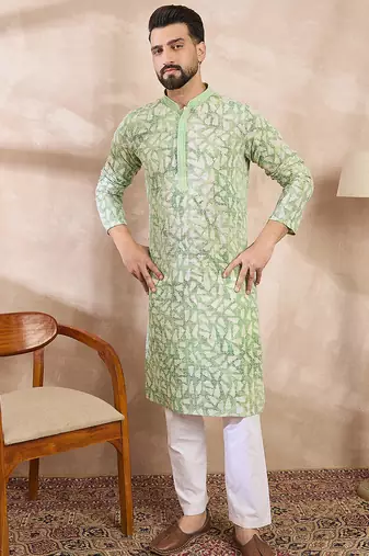 Men green viscose rayon ethnic motifs embroidered straight kurta