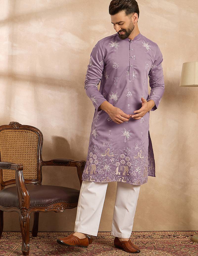 Men lavender silk blend solid embroidered straight kurta