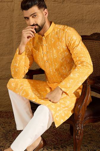 Men yellow cotton batik embroidered straight kurta