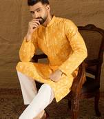 Men yellow cotton batik embroidered straight kurta