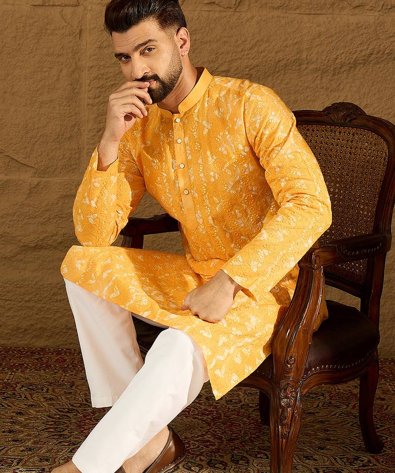 Men yellow cotton batik embroidered straight kurta