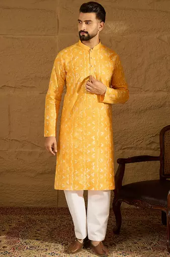 Men yellow cotton batik embroidered straight kurta