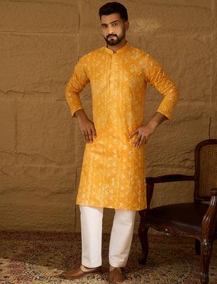 Men yellow cotton batik embroidered straight kurta 5