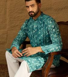 Men blue cotton batik embroidered straight kurta