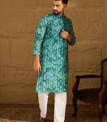 Men blue cotton batik embroidered straight kurta