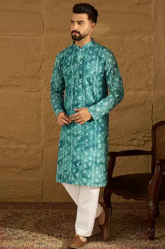 Men blue cotton batik embroidered straight kurta