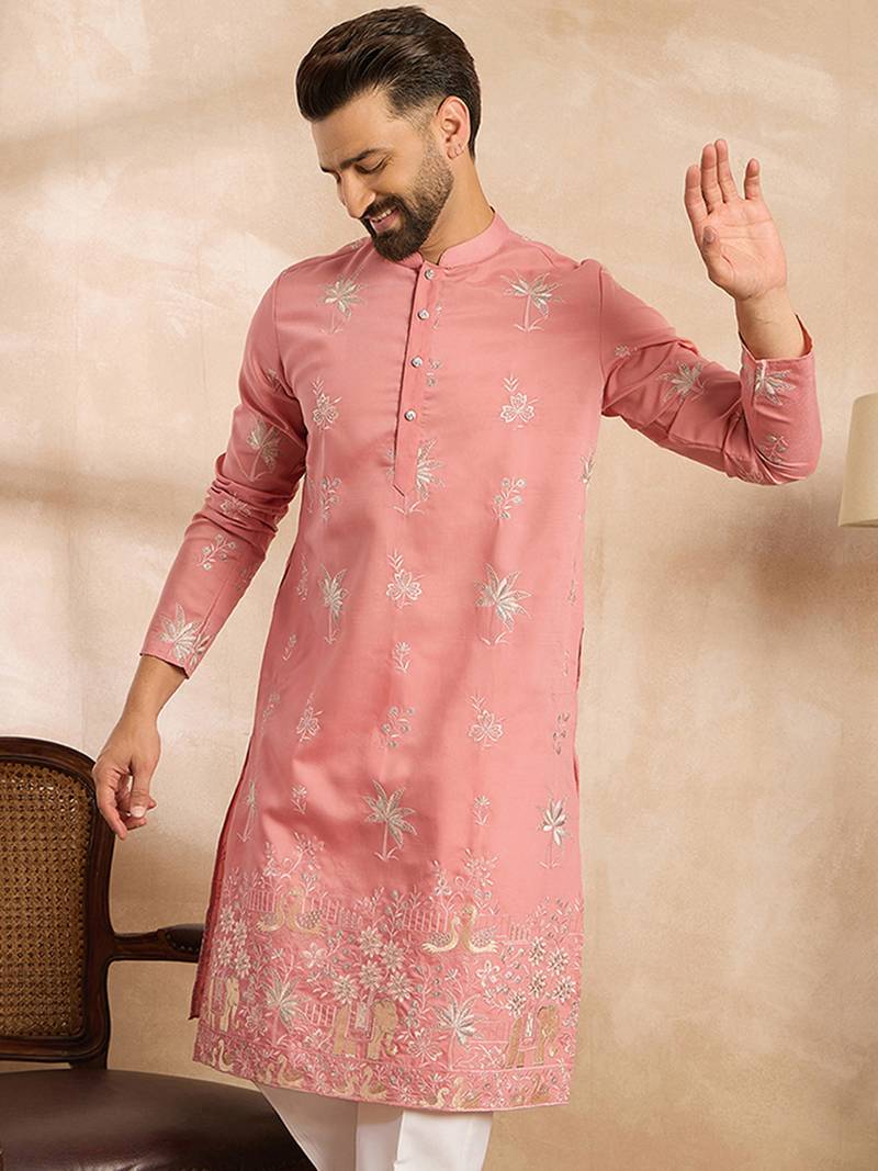Men pink cotton solid embroidered straight kurta