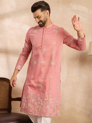 Men pink cotton solid embroidered straight kurta 1
