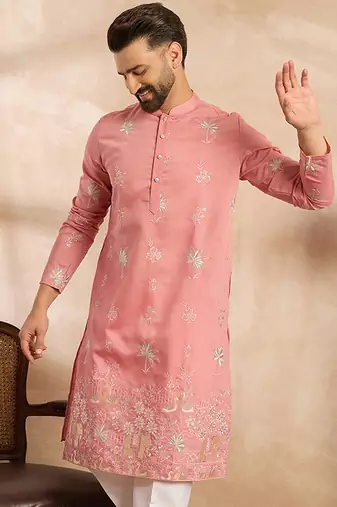 Men pink cotton solid embroidered straight kurta