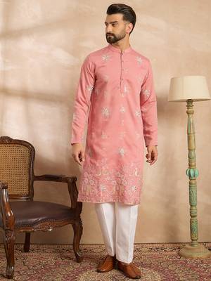 Men pink cotton solid embroidered straight kurta 1