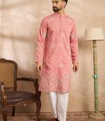 Men pink cotton solid embroidered straight kurta