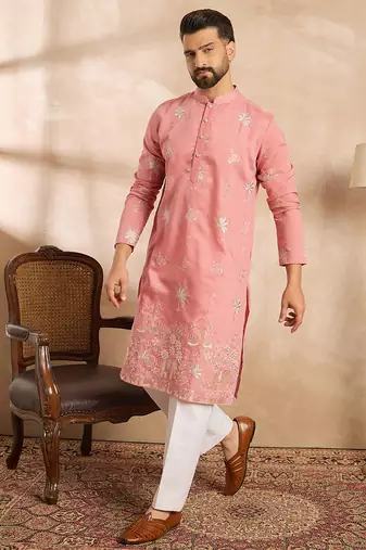 Men pink cotton solid embroidered straight kurta