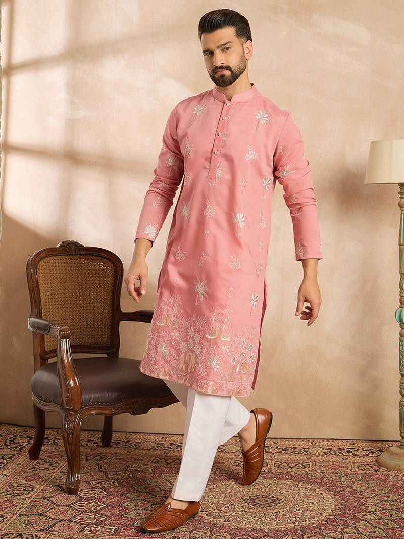 Men pink cotton solid embroidered straight kurta