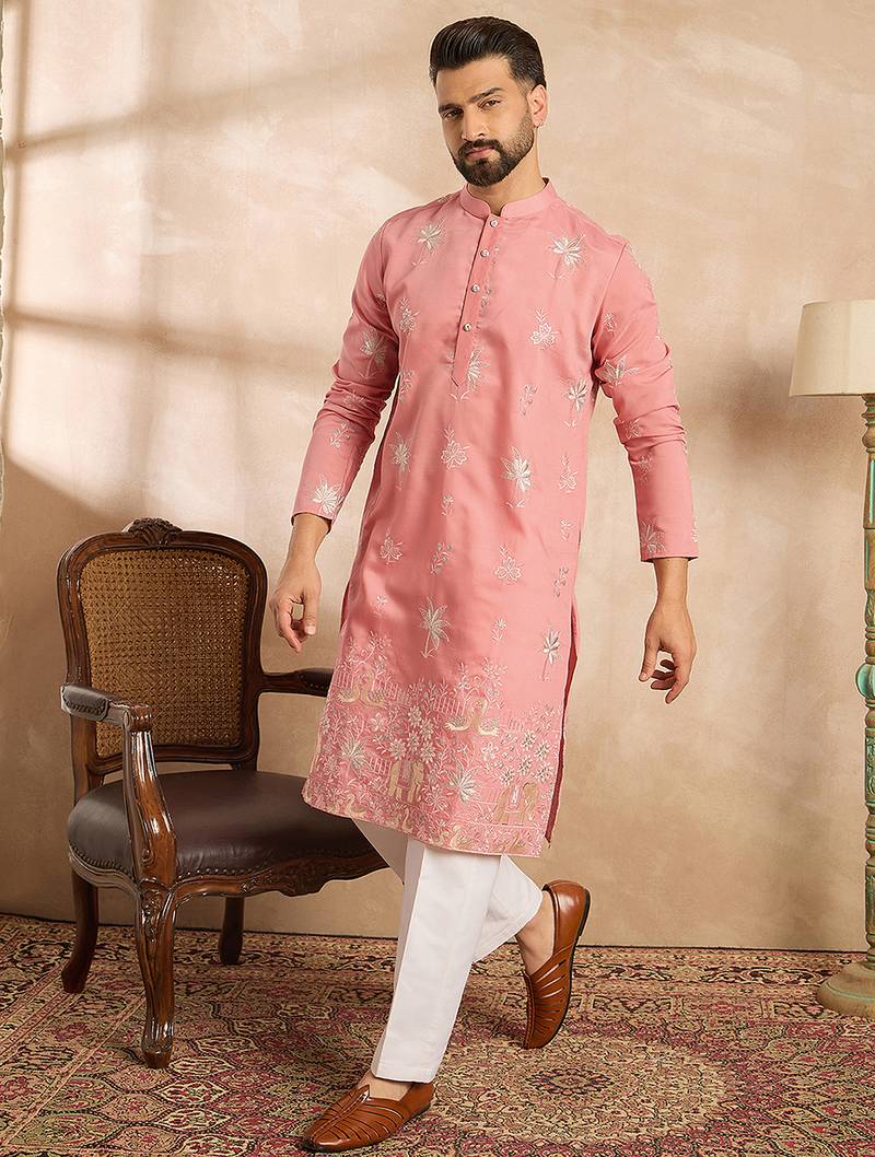 Men pink cotton solid embroidered straight kurta