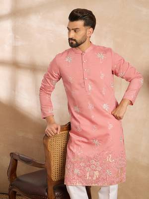 Men pink cotton solid embroidered straight kurta 5